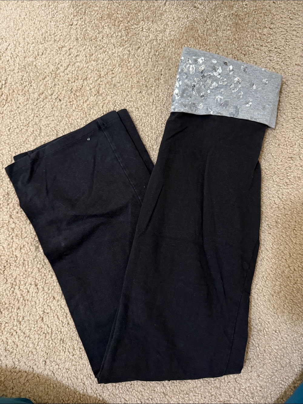 Fold-Over Waist Black Yoga Pants with Gray Embellished Cuff